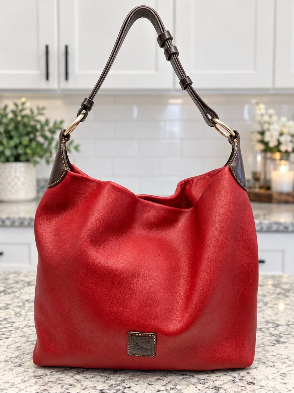 Dooney & Bourke Large O Ring Red Leather Hobo Shoulder Bag